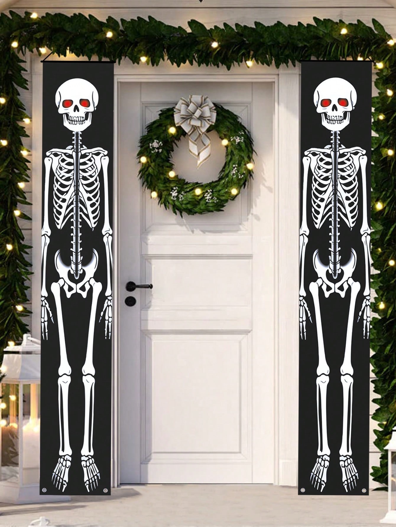Home Security Yard Sign - แบนเนอร์ประตูฮาโลวีนลายโครงกระดูกตาแดงสุดหลอน 2 ชิ้น ทำจากผ้าโพลีเอสเตอร์ ป้ายแขวนสำหรับตกแต่งประตูหน้าบ้านทั้งภายในและภายนอก