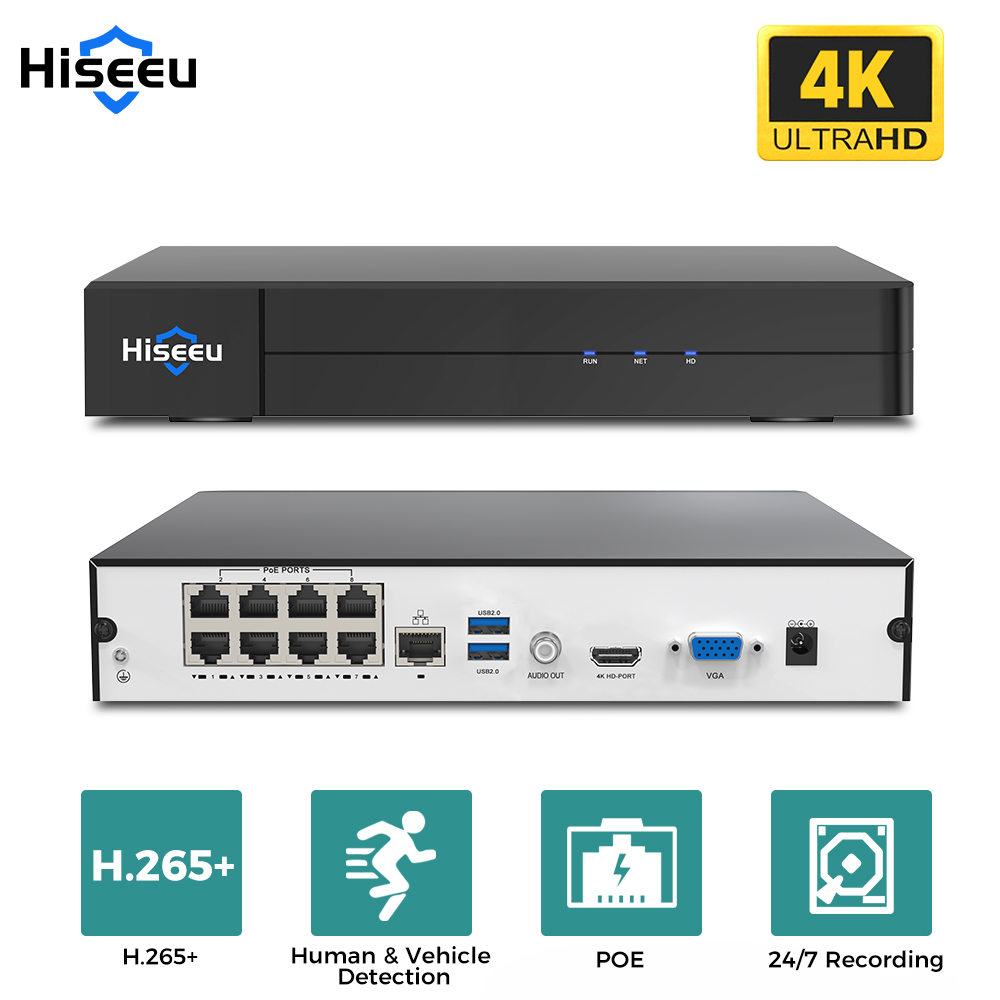 Home Security With Cameras - เครื่องบันทึกวิดีโอเครือข่าย Hiseeu 8CH 4K PoE NVR