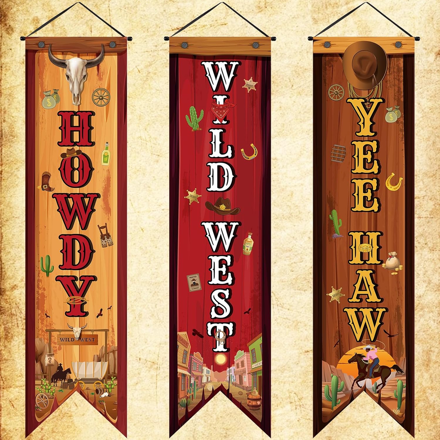Home Security Yard Sign - 3 ชิ้น Western Party ตกแต่งคาวบอยแบนเนอร์ Wild