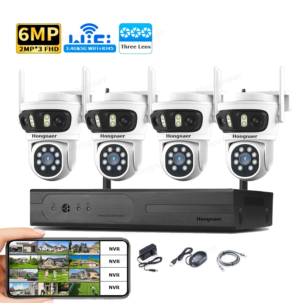 Home Security Wifi Camera - ชุดกล้องวงจรปิดรักษาความปลอดภัยภายในบ้าน Hongnaer 6MP 4CH 3 เลนส์