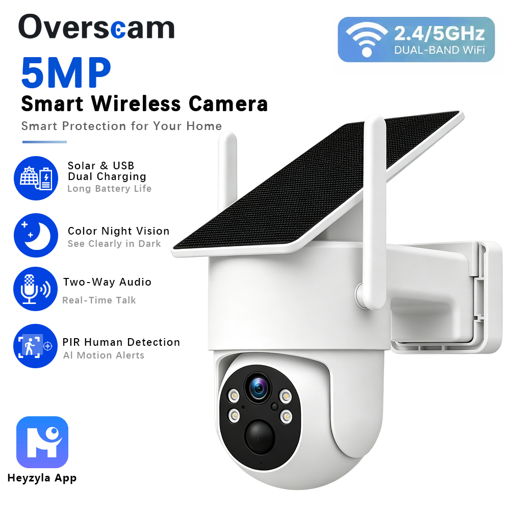 Home Security Wifi Camera - กล้อง PTZ พลังงานแสงอาทิตย์ 5MP สำหรับการตรวจสอบบ้านแบบไร้สายกลางแจ้ง พร้อมแผงโซลาร์เซลล์แบบติดตั้งคงที่
