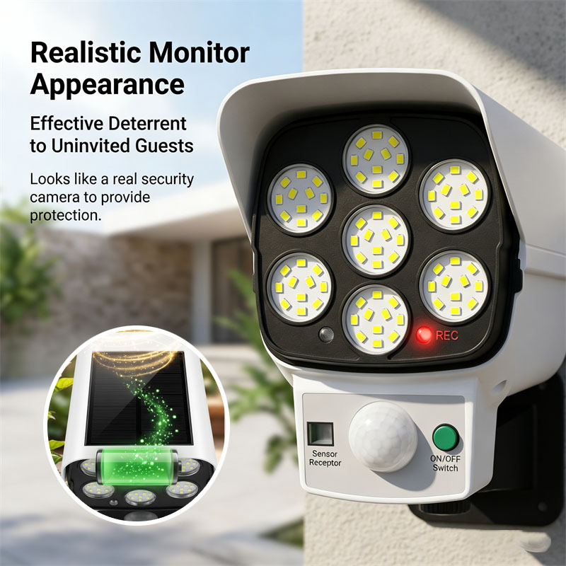 Home Security Flood Lights - กล้องวงจรปิดจำลองพลังงานแสงอาทิตย์ พร้อมเซ็นเซอร์ตรวจจับความเคลื่อนไหว ไฟ LED ส่องสว่าง กันน้ำ