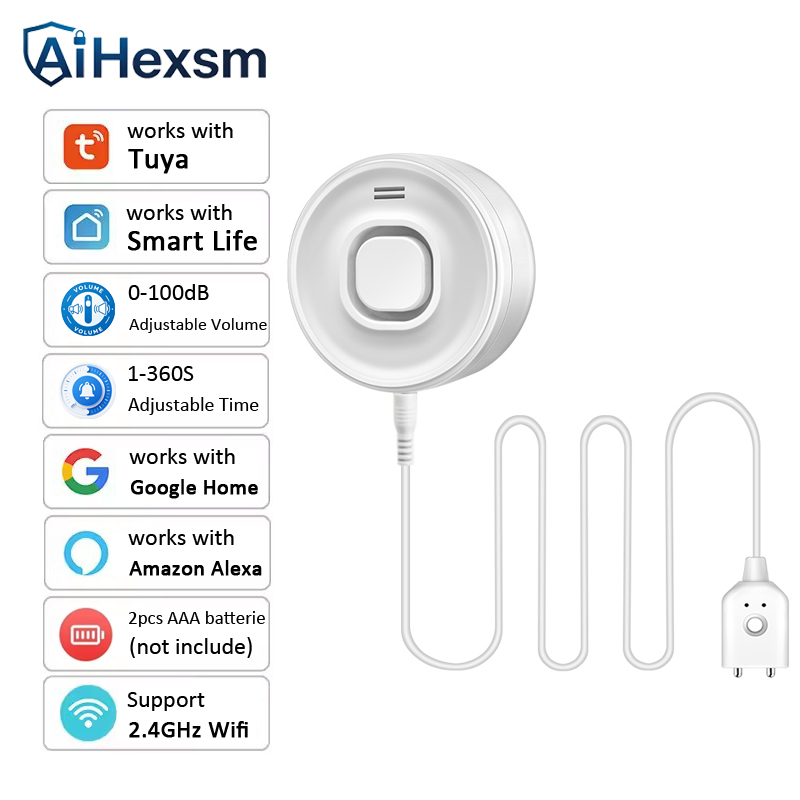 Home Security Alexa - เซ็นเซอร์ตรวจจับการรั่วไหลของน้ำ เสียงปรับได้ 100DB เครื่องตรวจจับระดับการรั่วไหลแบบ WIFI ระบบป้องกันน้ำล้น